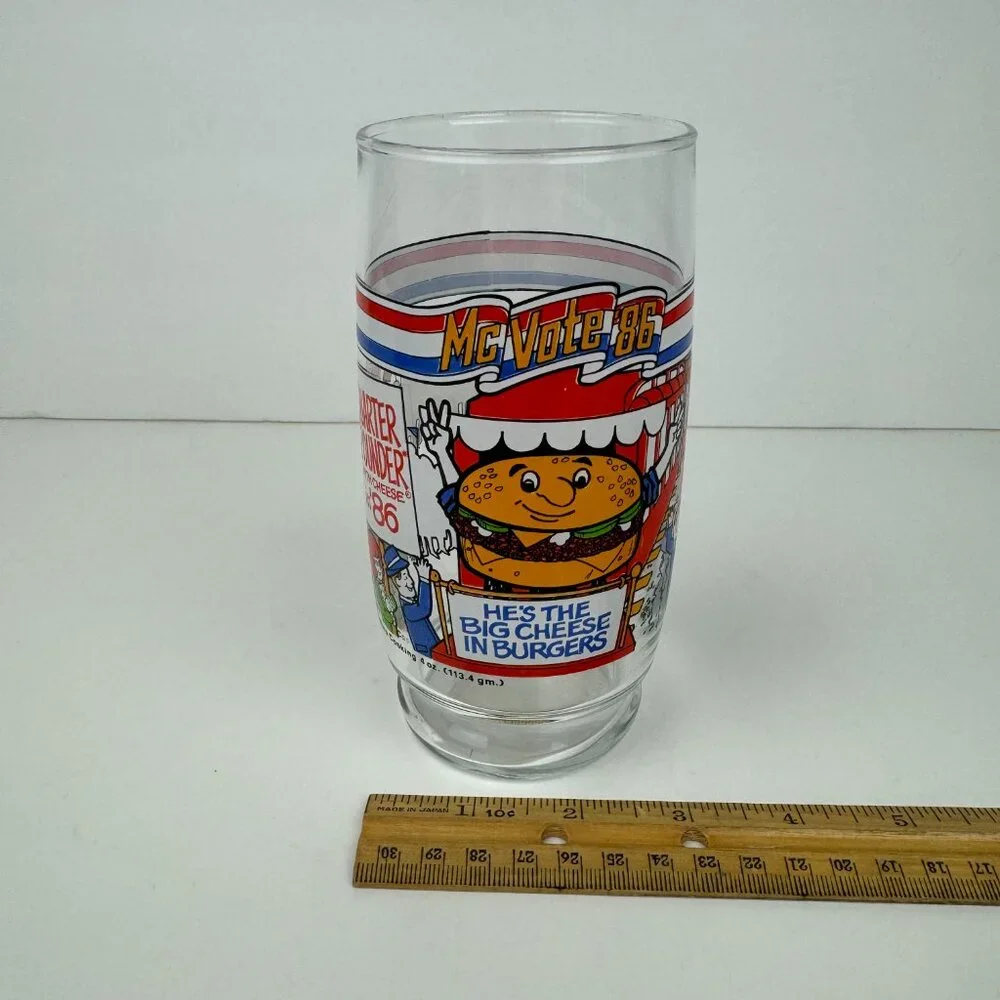 Vtg 1986 McDonalds Mc Vote Clear Drinking Glass‎ Thin Cheese Burger Collectible
